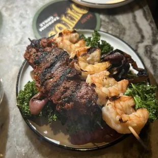 Beef and shrimp skewers