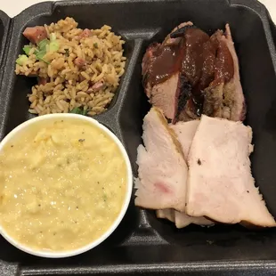 2-meat platter: brisket (4 stars), turkey (5 stars), dirty rice (4 stars), and some sort of cheesy grits?!