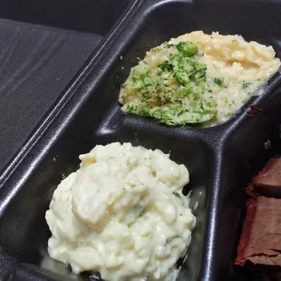 Beef brisket broccoli casserole and potato salad