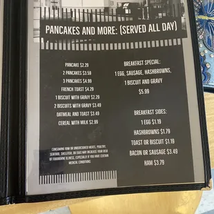 a menu for pancakes and more served all day
