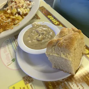 2 over easy eggs, hash and hash browns plus the biscuit and sausage gravy