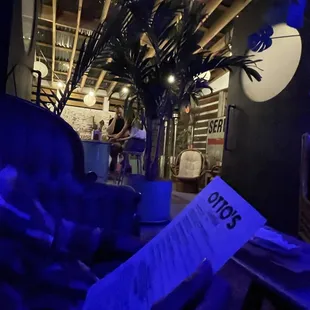 a blue light in a restaurant