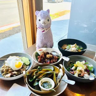 So yummy! Pork belly fried rice, Happy Ribs, pad Thai, Rambutan Ceviche, Steamed Basil Mussels