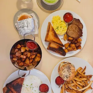 Brunch spread: Egg Sandwich with Bacon / Lamb Merguez Patty, 2 Eggs with Crispy Potato and otway burger