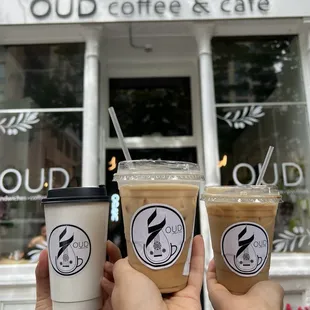 Oud latte hot, iced Oud latte (with almond milk), iced Oud latte (with oat milk)