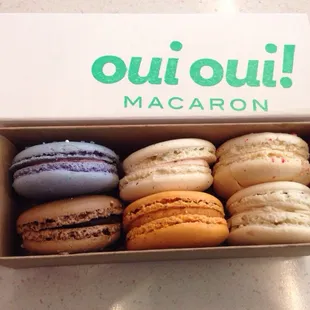 Oui Oui Macarons. Thai Tea, Chocolate, Vanilla, Blueberry, Rose, and Peppermint Candy.