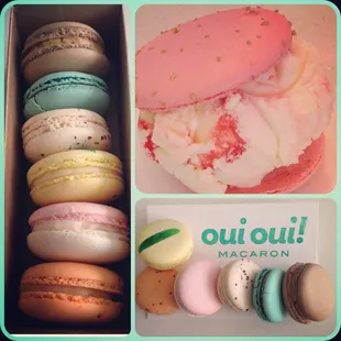 Macarons:Salted caramel, earl grey, rose, kalamansi, lychee &amp; mango. Top right:strawberry cheesecake macaron ice cream sandwich.