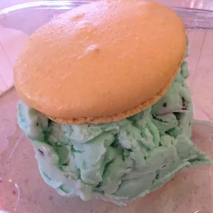 Mint chocolate chip macaroon ice cream sandwich