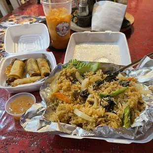 Thai Basie Fried Rice, Egg roll, Thai Tea