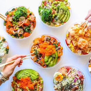 a variety of bowls of food