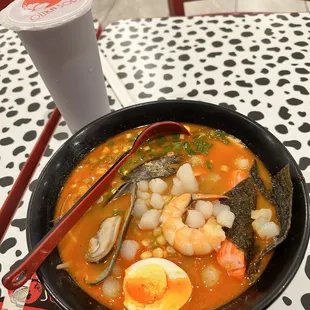 4. Seafood Deluxe Ramen and 5. Taro Milk Tea