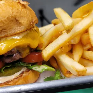 Cheese burger and fries.