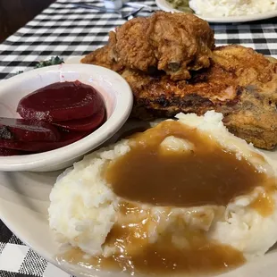 Fried Chicken, Fried Pork Chop, mashed potatoes and beets