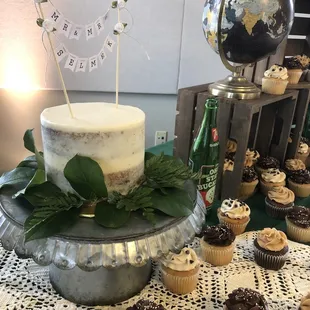 Wedding dessert table with wedding cake.