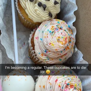 This was a cookie dough cupcake, and two birthday cupcakes with a vanilla cake pop!