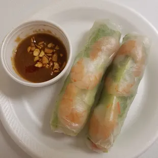 Shrimp Spring Rolls with peanut dipping sauce!