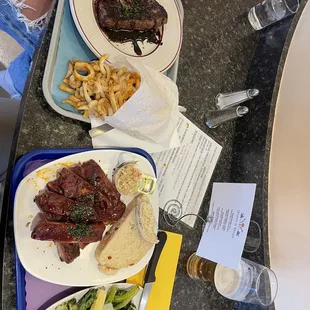 Ribs, Vegetable of the day, Steak &amp; Twisted Fries.