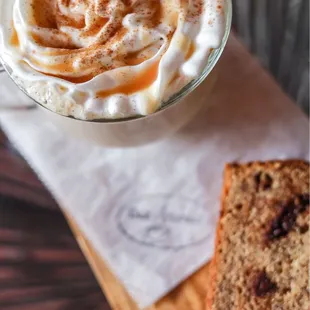 Caramel latte and banana bread