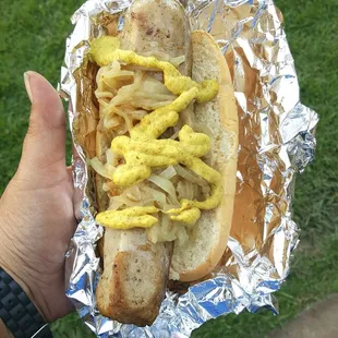 Bratwurst Sausage w/ onions &amp; mustard from Butcher and Bird.