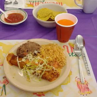 Enchilada plate with chips &amp; salsa and Hi-C orange