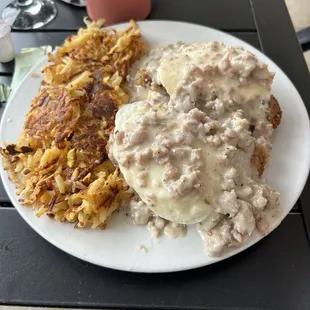 Chicken Fried Steak n Eggs 2 Eggs, Chicken Fried Steak Smothered in Sausage Gravy Served with Hash Browns &amp; Toast