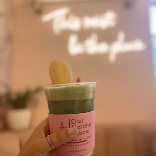Madeline Matcha Latte with Oat milk! So yummy and I loved the little bits of cookie on the bottom!