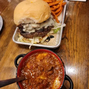 Mushroom Swiss burger and homemade chili