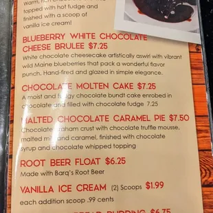 Dessert menu