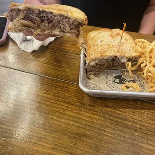 Patty Crocket with onion strings.