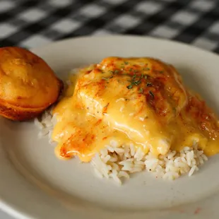 Baked Chicken over Rice with Homemade Cornbread Muffin