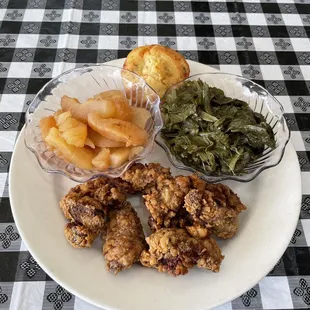 Fried Chicken Livers with Collard Greens, Baked Apples, and Jalapeno Cornbread