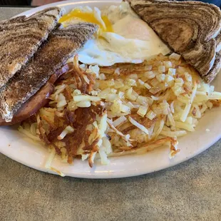 Eggs and Ham with hash browns and rye toast
