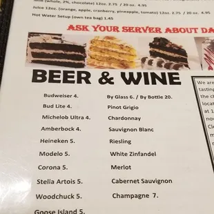 Menu - beer &amp; wine