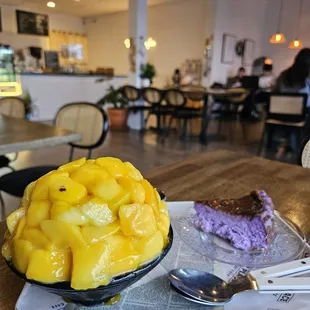 Mango bingsu and ube basque