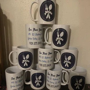 a stack of coffee mugs