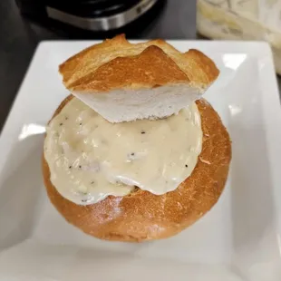 Clam chowder bread bowl