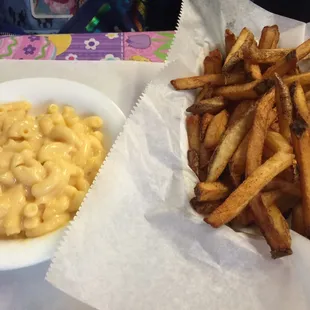 Mac and cheese and fresh cut fries.