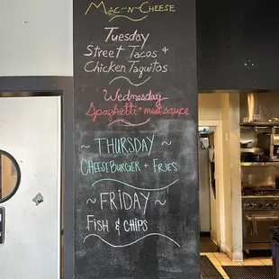 Menu  Mac and cheese monday  Taco Tuesday  Spaghetti Wednesday  Burgers Thursday  Fish Friday