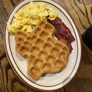 Texas waffle special with 2 eggs and turkey bacon