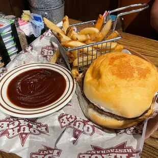 Plain Hamburger &amp; Fries with BBQ sauce on the side.