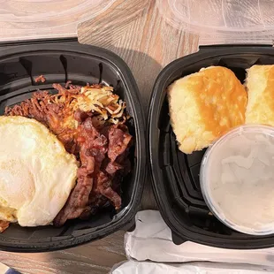 Two eggs any style - bacon, hash browns, biscuits and gravy