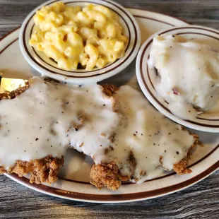 Chicken fried chicken with mash and mac