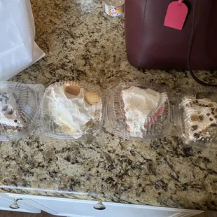 Chocolate, Banana pudding, Strawberry &amp; Peanut butter chocolate pies.