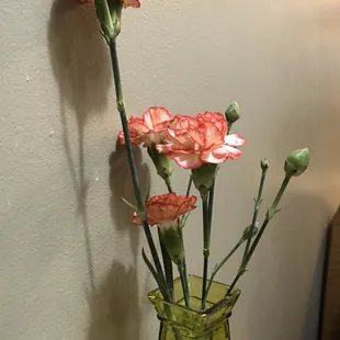 a vase of carnations on a table