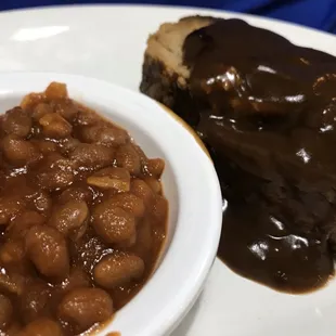 Meatloaf and baked beans.