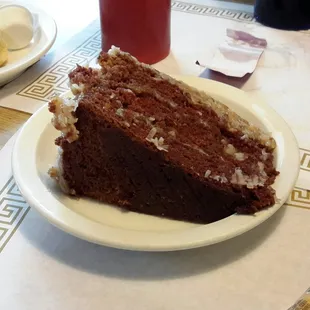 Homemade German chocolate cake. Our waitress&apos; grandmother makes them.