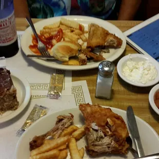 We split a chicken dinner - 4 pieces of broasted chicken with 3 sides for $8.50 &amp; it looked so good we forgot to take pux first.