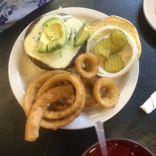 Black bean burger with onion rings