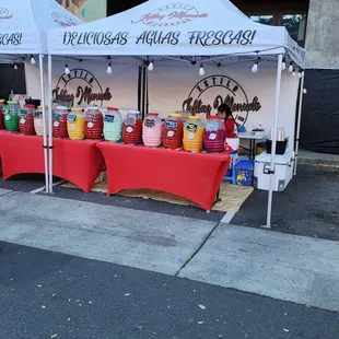 tables with red tablecloths
