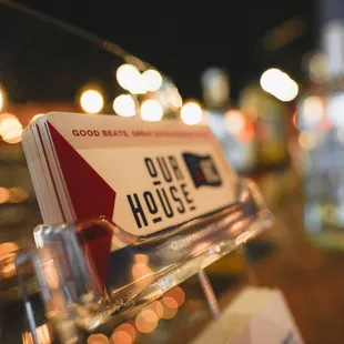 a close up of a sign on a table